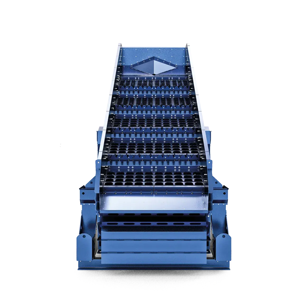 Industriële zeefmachine in blauw, geschikt voor vochtig materiaal.