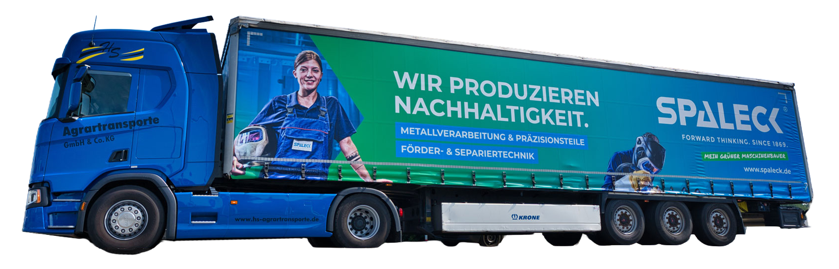 Vrachtwagen met reclame van de SPALECK-groep voor duurzame productie.