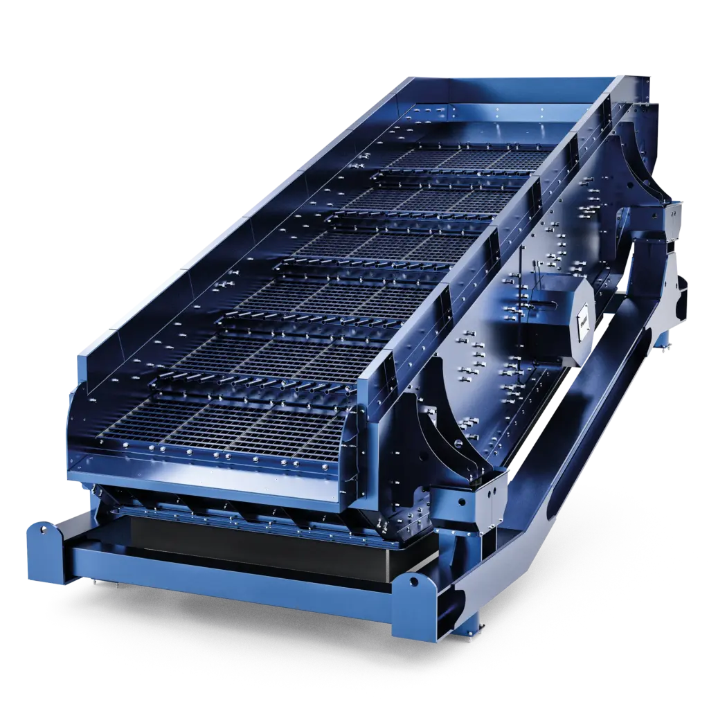 SPALECK-trilzeefmachine voor recyclingmateriaal als animatie. De zeefdekken worden modulair aangepast aan het materiaal van de klant. Het getoonde model staat op een tegenzwenkframe.