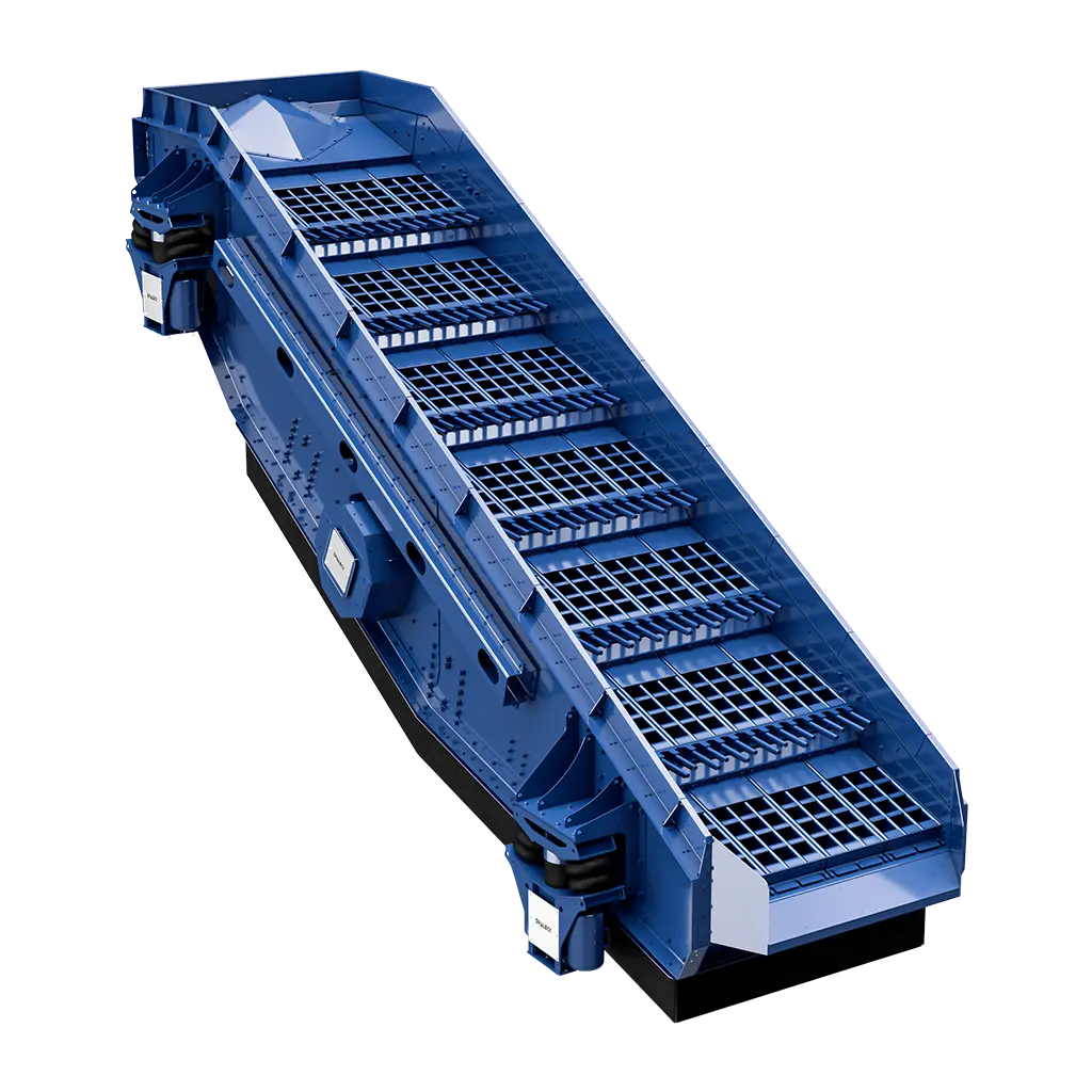 Blauwe zeef voor het sorteren van recyclingmaterialen.