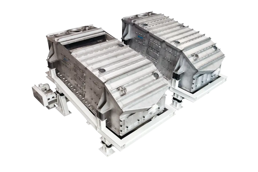 Twee industriële zeefmachines voor granulaat, vervaardigd uit metaal, in een testopstelling.
