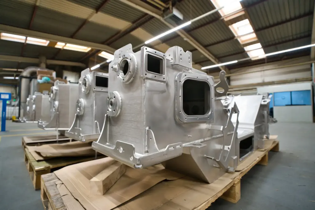 Grote metalen assemblages op pallets in een fabriekshal.