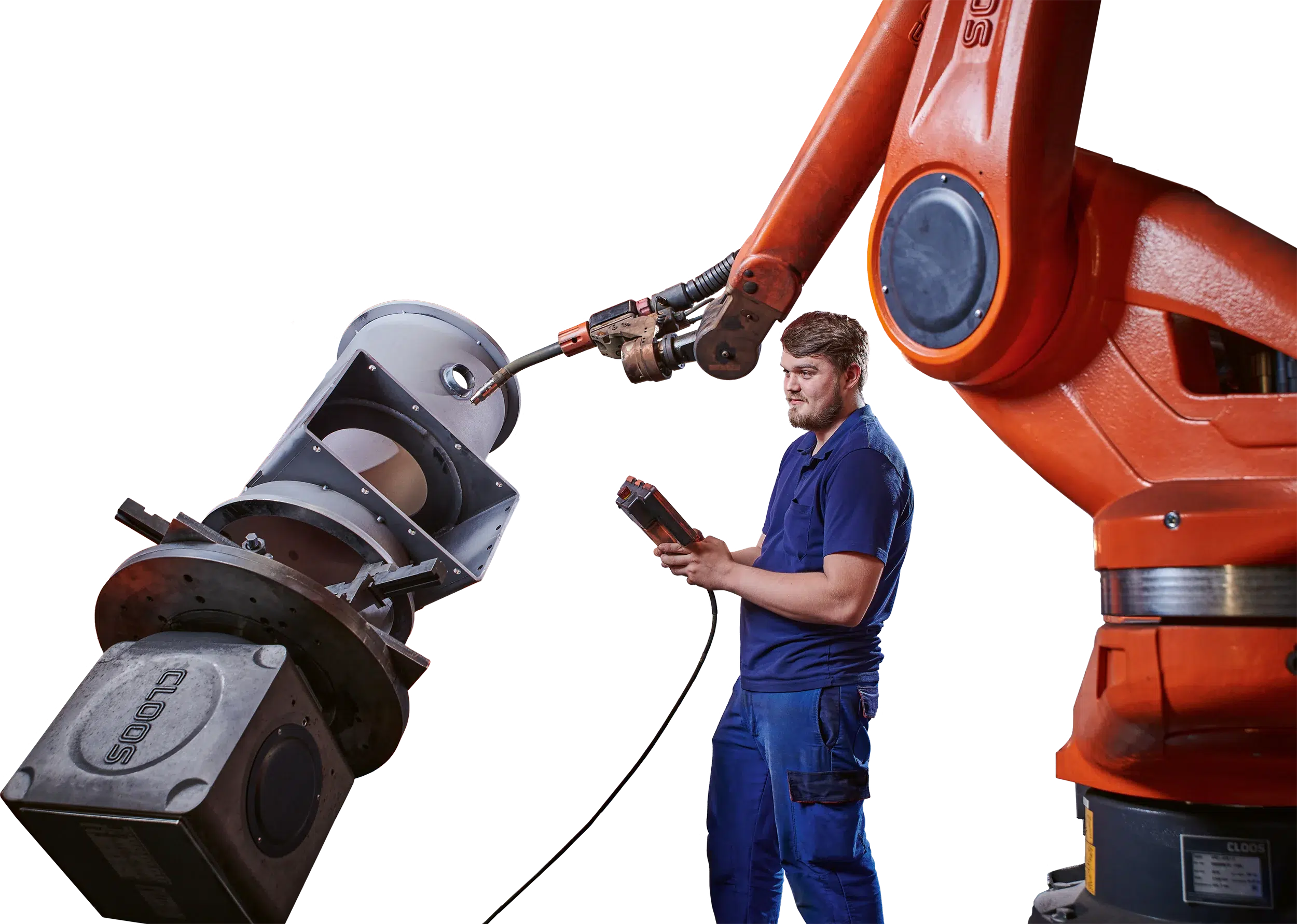 Een constructiemechanicus bedient een lasrobot bij loonfabrikant SPALECK