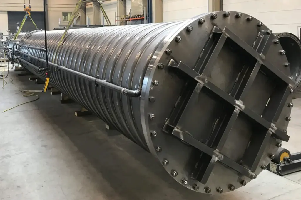 Groot cilindrisch metalen onderdeel in een fabriekshal, metaalbewerking.