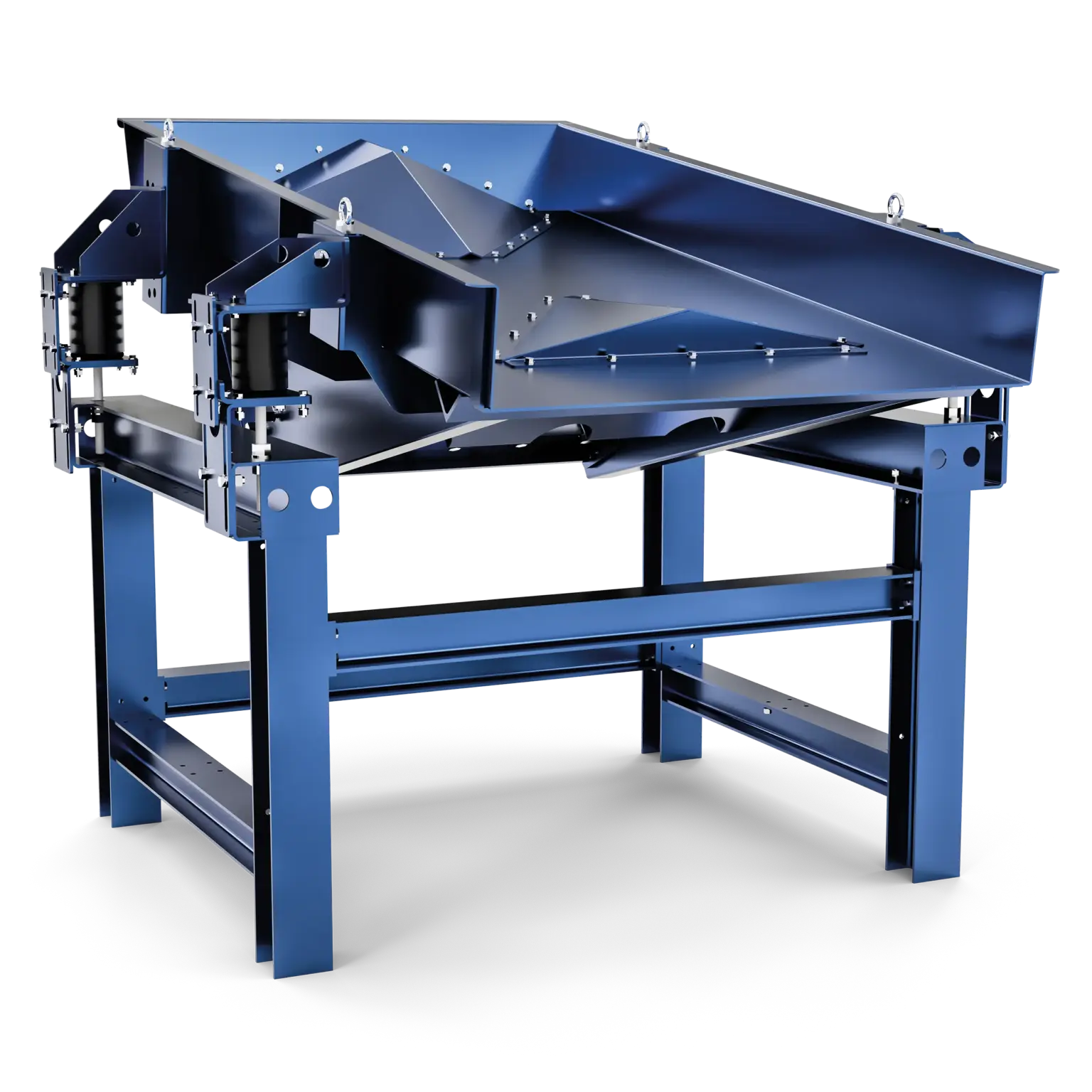 Industriële trilgoot voor materiaaltransport, in blauw op een zwarte achtergrond.