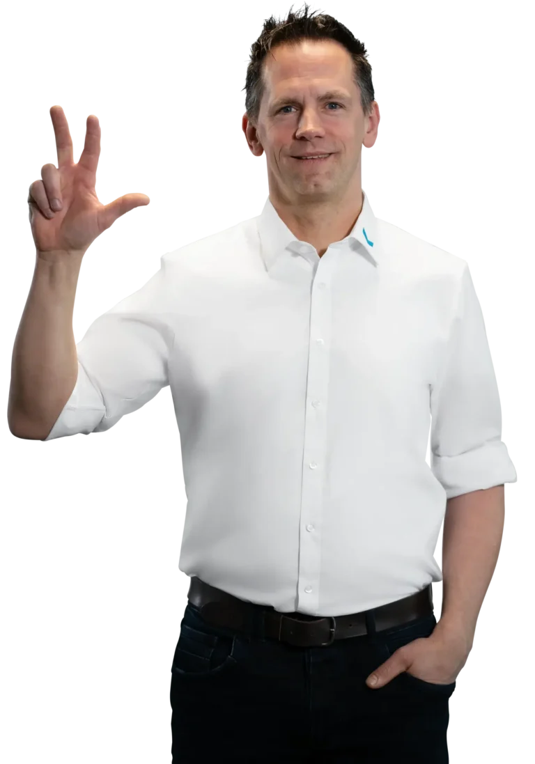 Een man in een wit overhemd maakt een handgebaar; behandeling van proces- en huishoudelijk water.
