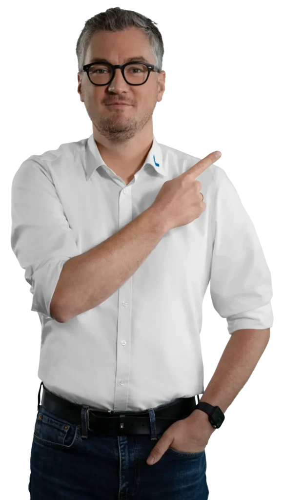 Een man in een wit overhemd wijst naar de zijkant; contactpersoon.
