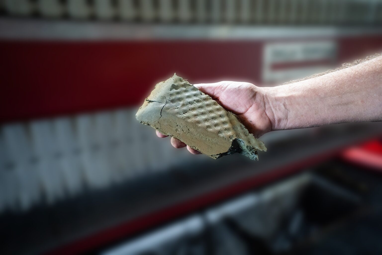 Iemand toont de ontwaterde filterkoek na het ontwateren van het slib voor een kamerfilterpers