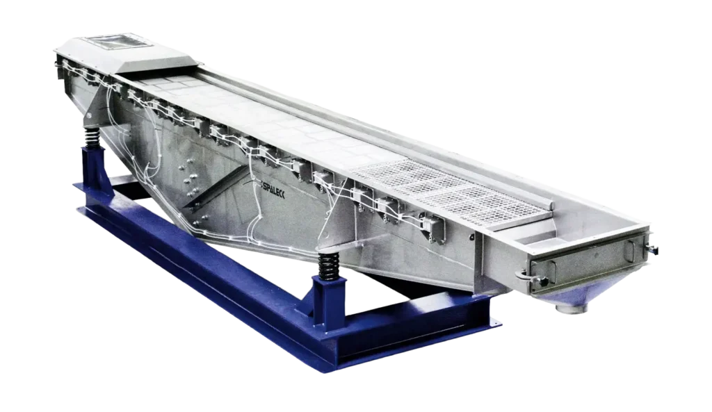Industriële zeefmachine op een blauw frame voor kwaliteitscontrole.