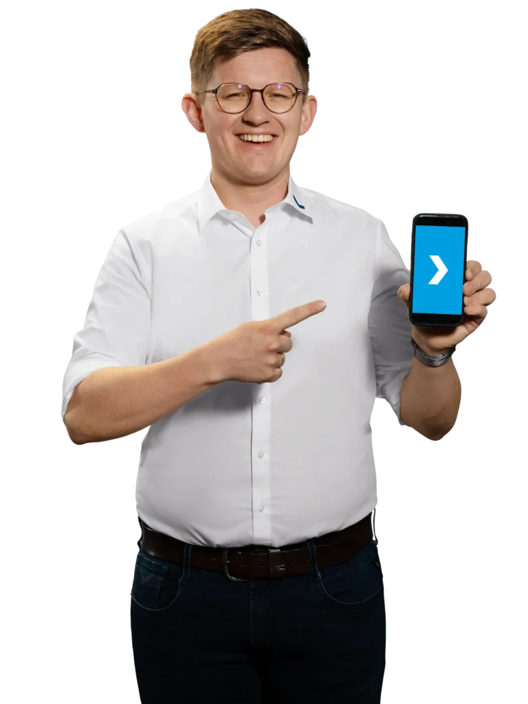Een man wijst met een pijl op zijn smartphone, verwijzend naar.