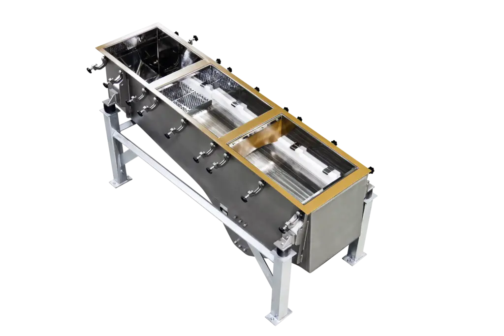 Cleanroommachine voor het ontwateren van granulaat met geïntegreerde controlezeving