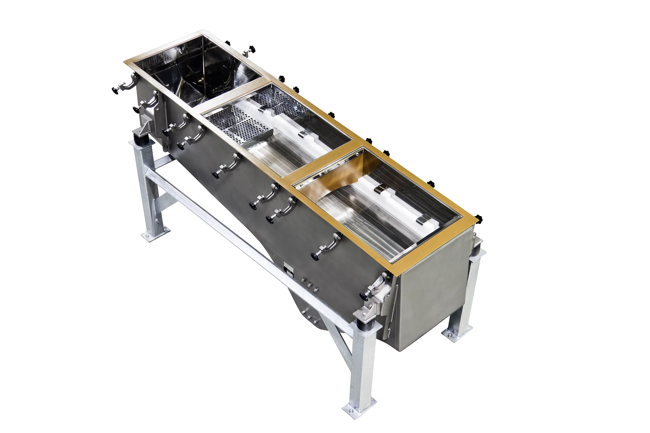 Cleanroommachine voor het ontwateren van granulaat met geïntegreerde controlezeving