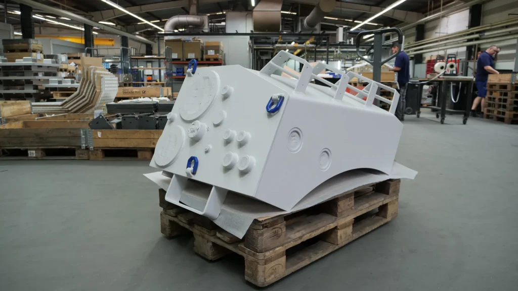 Gelakte lasconstructie voor gebruik in speciale voertuigen (bouwvoertuigen) bij de goederenuitgifte van loonfabrikant SPALECK.