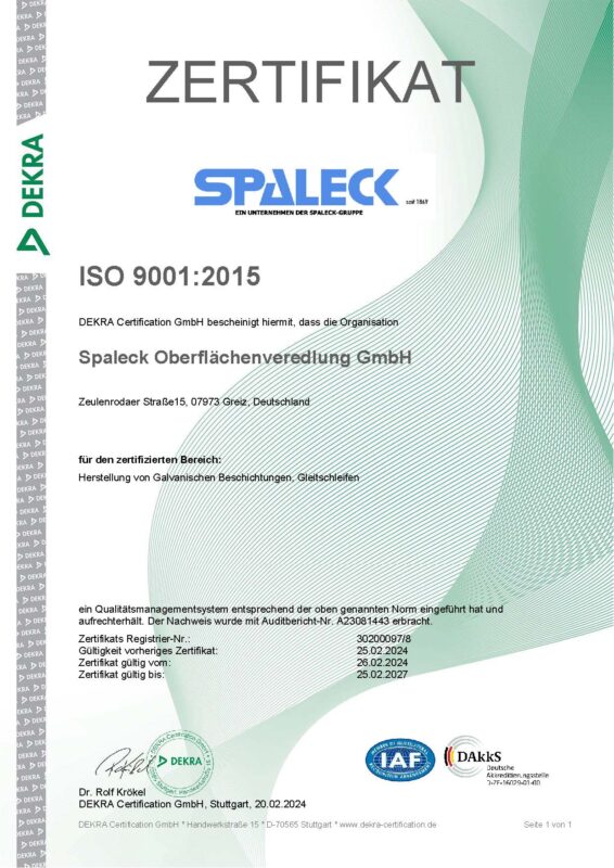 ISO 9001:2015-certificaat voor kwaliteitsborging van een bedrijf dat zich bezighoudt met oppervlaktebehandeling.