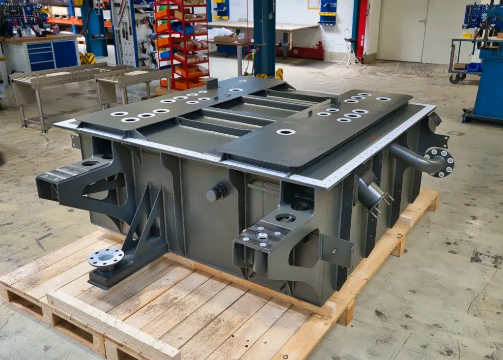 Hoogwaardige transformatorbehuizing, vervaardigd volgens DIN EN 15085-2 CL1, inclusief laswerk, verspaningswerkzaamheden en oppervlaktebehandeling door SPALECK.
