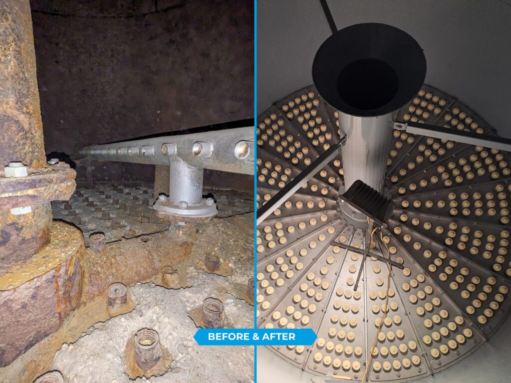 Aan de linkerkant staat een oud, verstopt grindfilter voor waterzuivering. Rechts ziet u een bovenaanzicht van het nieuwe filter.